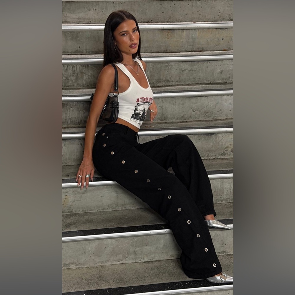 Windsor Black Wide-Leg Pants with Silver Button Details